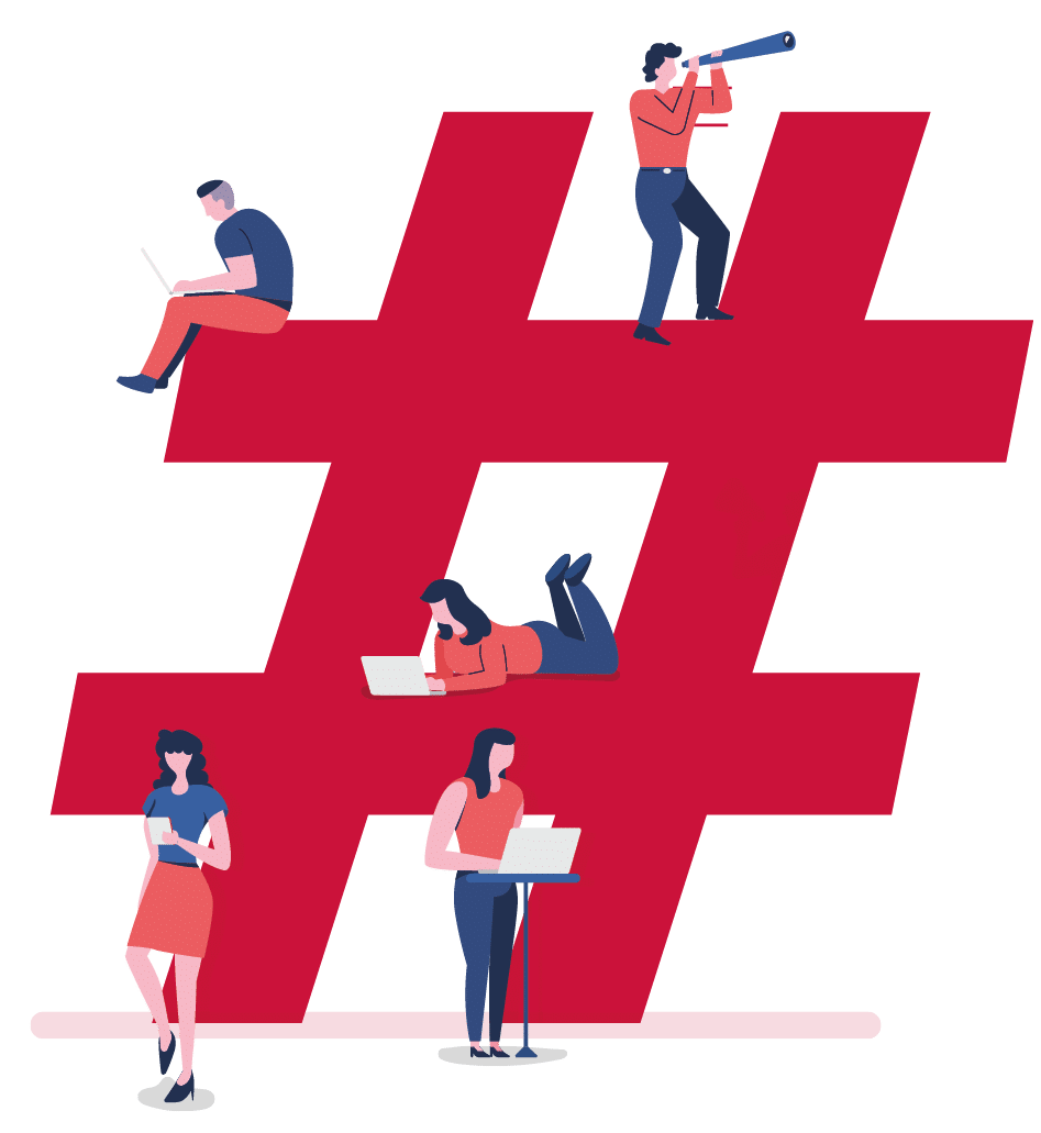 Flat design concept group of peoples work together building social network symbol hashtag. Vector illustrations.